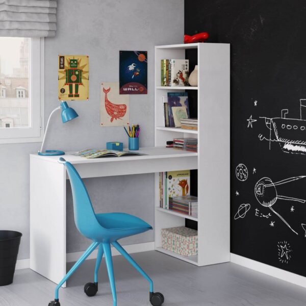 Versatile Matt White Computer Desk with Integrated Bookcase for Organised Workspace - UK Luxury Furniture