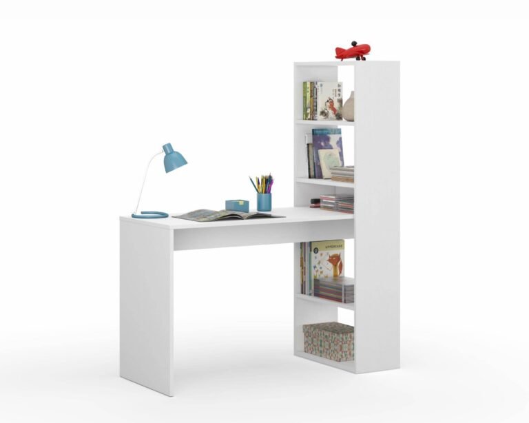 Versatile Matt White Computer Desk with Integrated Bookcase for Organised Workspace - UK Luxury Furniture