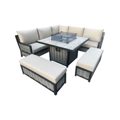 Dover Luxury 5-Piece Aluminium Fire Pit Sofa Set with Thick Cushions in Beige/Grey - UK Luxury Furniture