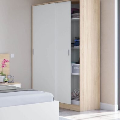 Durham Arctic White and Oak Effect Small Narrow Sliding 2-Door Wardrobe - UK Luxury Furniture