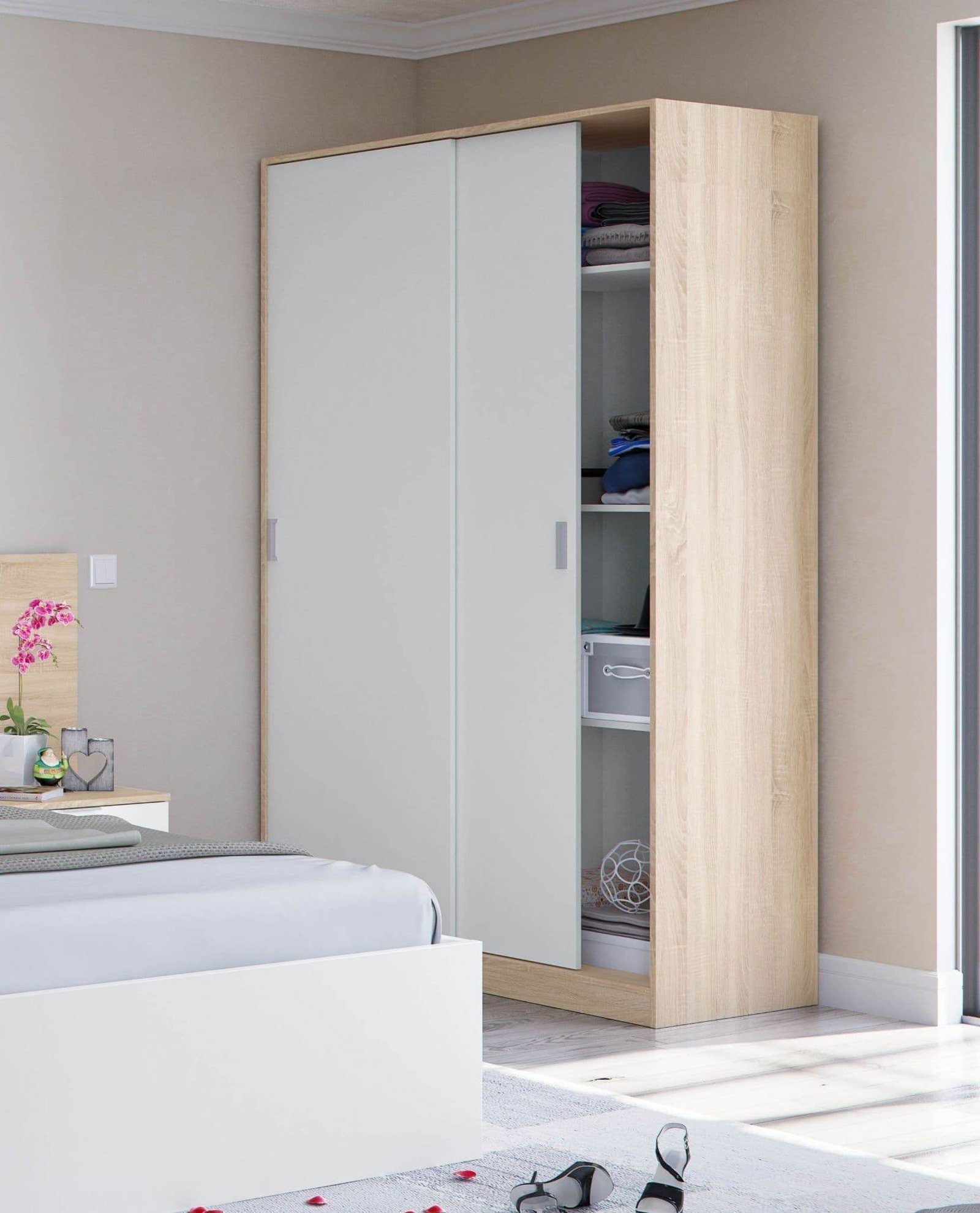 Durham Arctic White and Oak Effect Small Narrow Sliding 2-Door Wardrobe - UK Luxury Furniture
