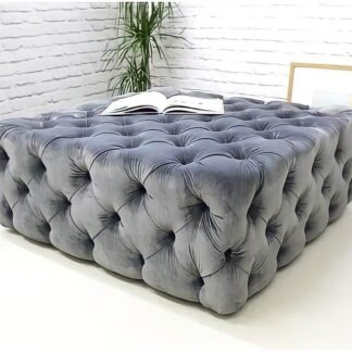 Elegant Dark Grey Velvet Chesterfield Footstool - Squared Design, 90x90cm, Plush Comfort - UK Luxury Furniture