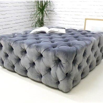 Elegant Dark Grey Velvet Chesterfield Footstool - Squared Design, 90x90cm, Plush Comfort - UK Luxury Furniture