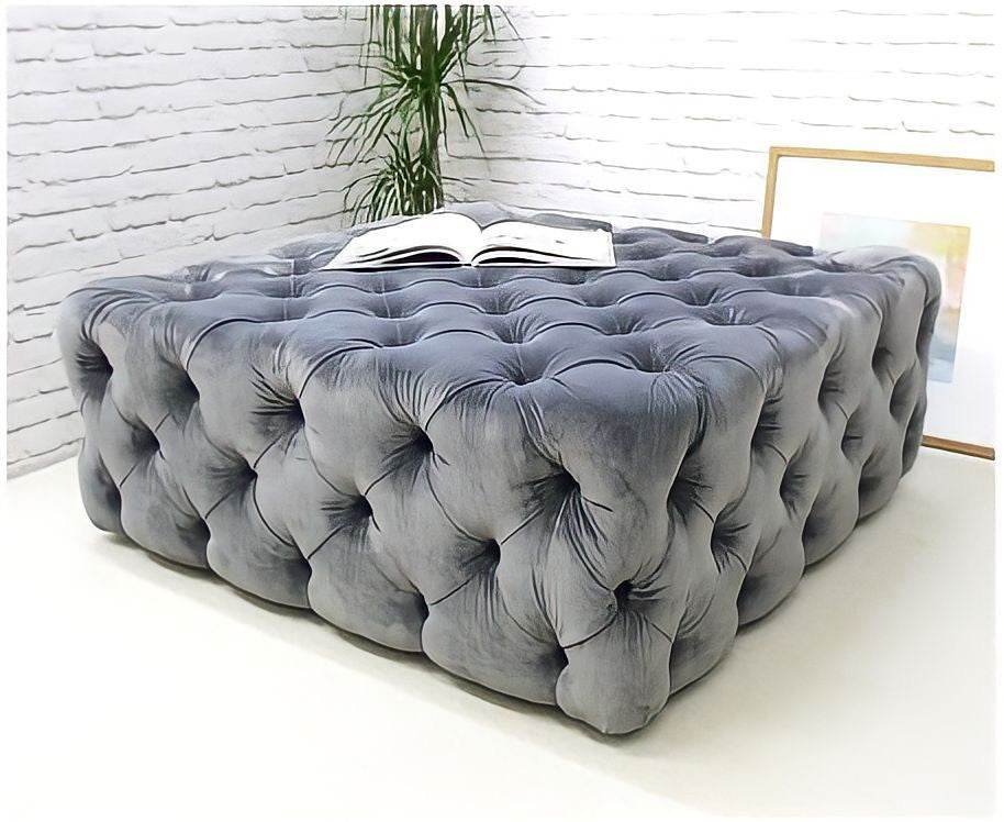 Elegant Dark Grey Velvet Chesterfield Footstool - Squared Design, 90x90cm, Plush Comfort - UK Luxury Furniture
