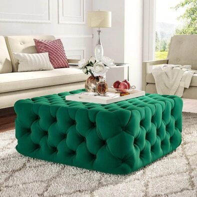Luxurious Green Velvet Chesterfield Footstool - Square Design, Elegant Home Accent - UK Luxury Furniture