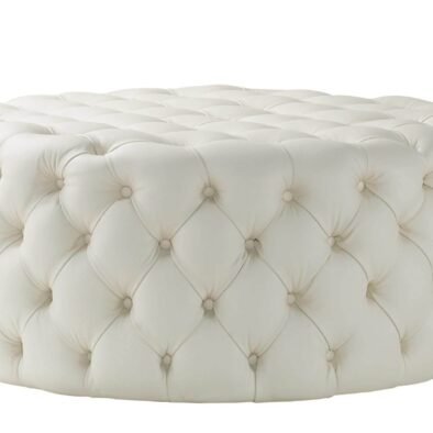 Luxurious Light Cream Faux Leather Chesterfield Footstool - Elegant Rounded Design, 90cm x 90cm - UK Luxury Furniture