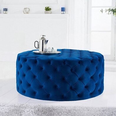 Luxurious Navy Blue Velvet Chesterfield Footstool - Rounded Design, No Assembly Required - UK Luxury Furniture