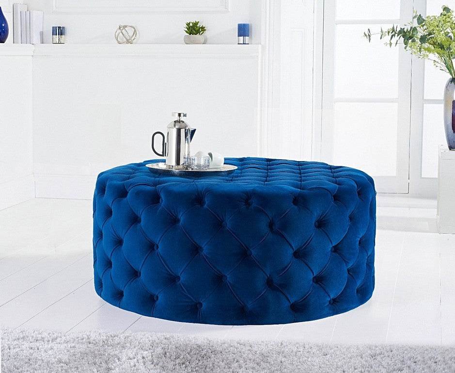 Luxurious Navy Blue Velvet Chesterfield Footstool - Rounded Design, No Assembly Required - UK Luxury Furniture