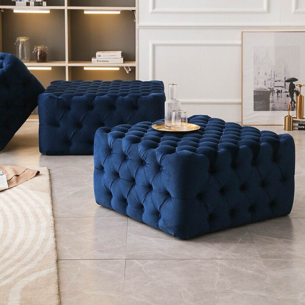 Luxurious Navy Blue Velvet Squared Chesterfield Footstool for Elegant Living Rooms - UK Luxury Furniture