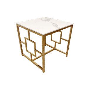 Geo Gold Lamp Table With Polar White Sintered Stone Top - Modern Geometric Design - 55Cm Square - UK Luxury Furniture