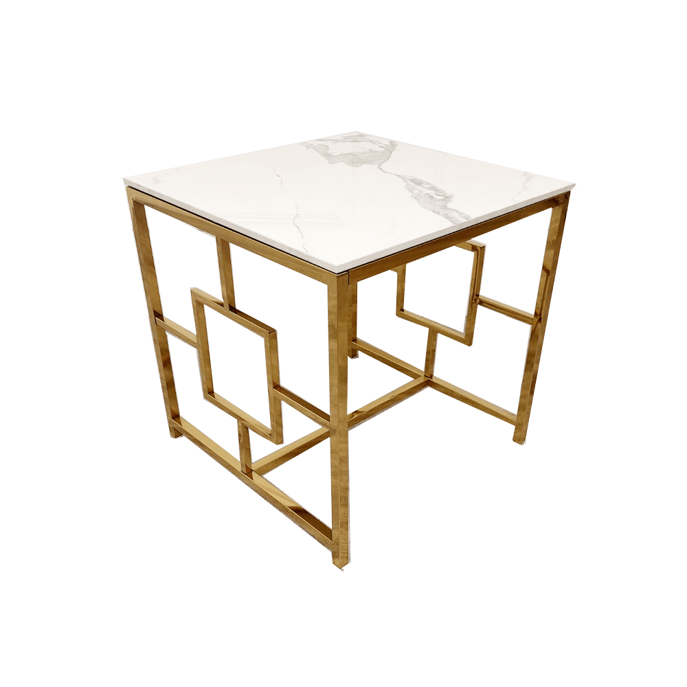 Geo Gold Lamp Table With Polar White Sintered Stone Top - Modern Geometric Design - 55Cm Square - UK Luxury Furniture