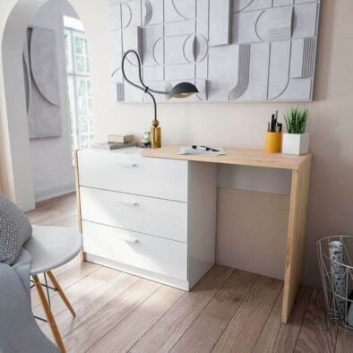 Gothenburg White & Oak Space-Saving Chest of Drawers Desk with 3 Storage Drawers - UK Luxury Furniture