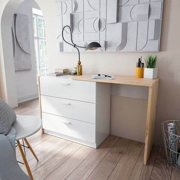 Gothenburg White & Oak Space-Saving Chest of Drawers Desk with 3 Storage Drawers - UK Luxury Furniture