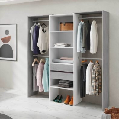 Guadalupe Large Concrete Grey and White Open Door Wardrobe with Four Hanging Rails - UK Luxury Furniture