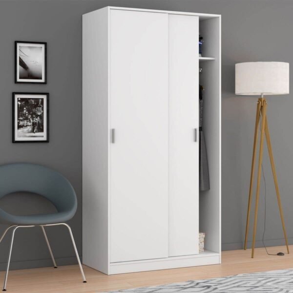 Hansen White Small Narrow Two-Door Sliding Wardrobe with Hanging Rail and Shelf - UK Luxury Furniture