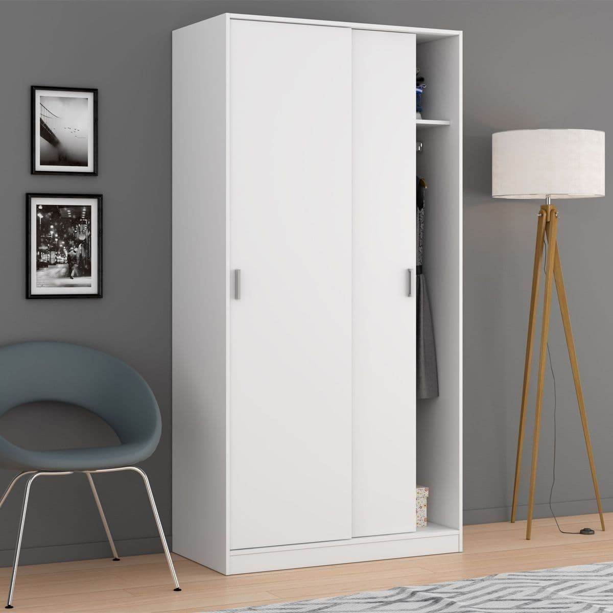 Hansen White Small Narrow Two-Door Sliding Wardrobe with Hanging Rail and Shelf - UK Luxury Furniture