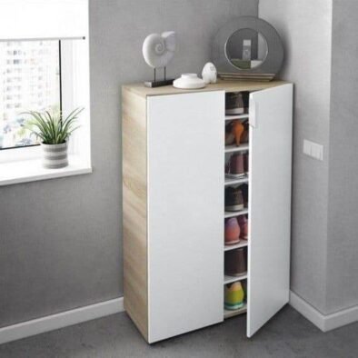 Alvaro White & Oak Effect 30-Pair Shoe Cupboard Cabinet: Modern Entryway Storage - UK Luxury Furniture