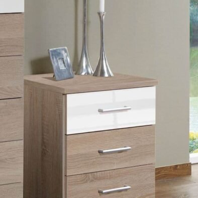 Anzo White Gloss and Oak Effect Three-Drawer Bedside Cabinet - UK Luxury Furniture