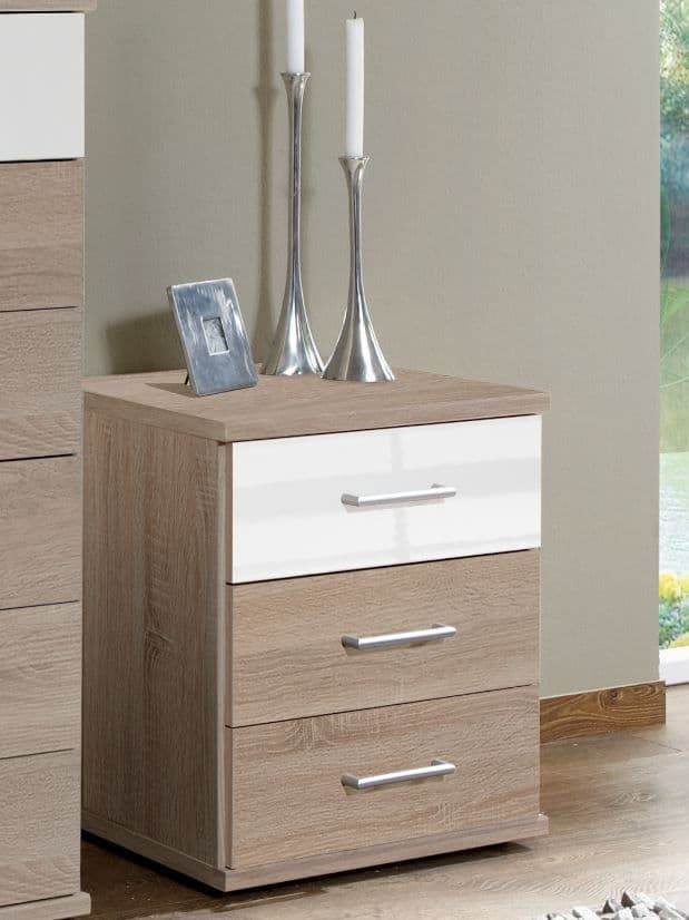 Anzo White Gloss and Oak Effect Three-Drawer Bedside Cabinet - UK Luxury Furniture