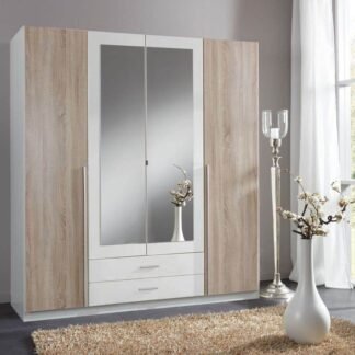 Artic White & Oak Effect 4-Door, 2-Drawer Wardrobe with Mirrored Doors - UK Luxury Furniture