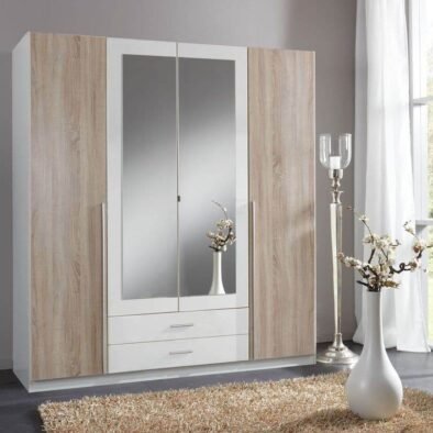 Artic White & Oak Effect 4-Door, 2-Drawer Wardrobe with Mirrored Doors - UK Luxury Furniture