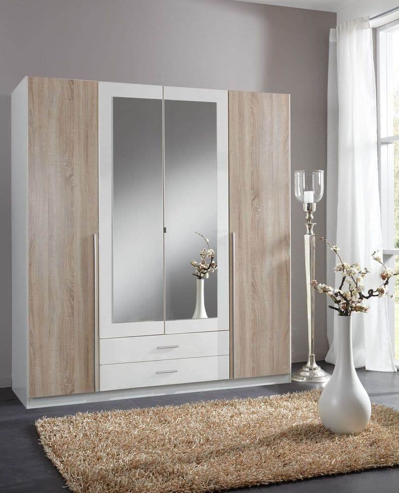 Artic White & Oak Effect 4-Door, 2-Drawer Wardrobe with Mirrored Doors - UK Luxury Furniture