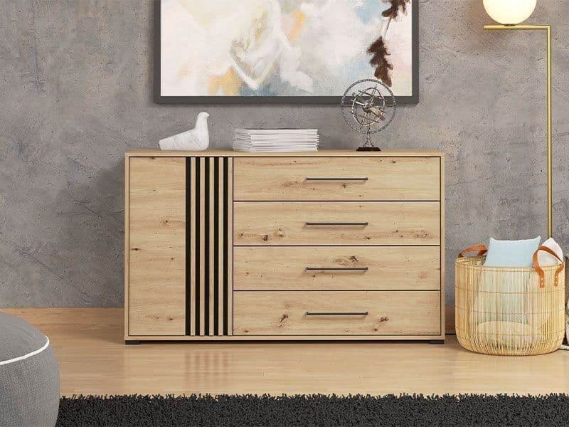 Asmara Oak Effect and Black 4 Drawer Sideboard Luxury Furniture Piece - UK Luxury Furniture