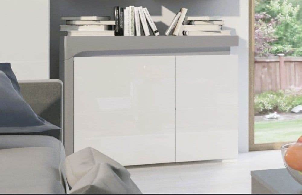 Athens Grey and White Gloss Two-Door Small Sideboard with Integrated LED Lighting - UK Luxury Furniture