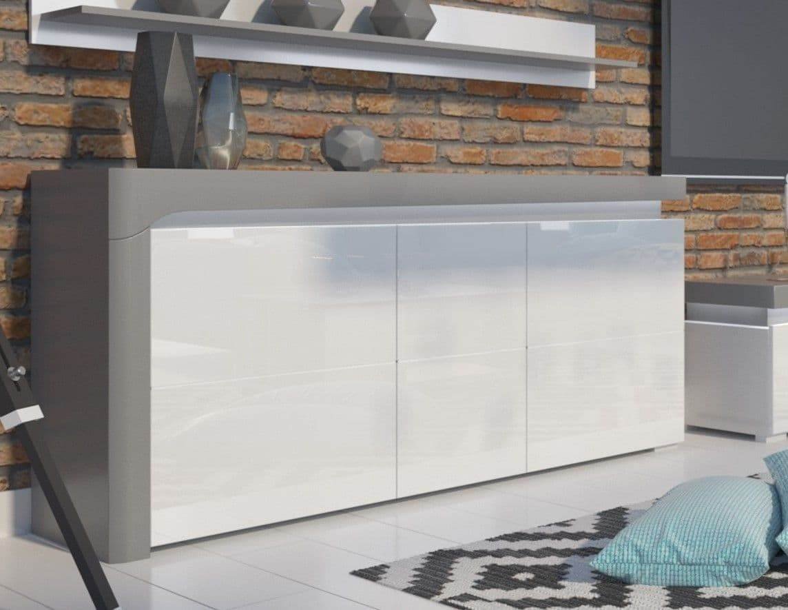 Athens Grey and White High Gloss 3-Door Sideboard with Integrated LED Lighting - UK Luxury Furniture