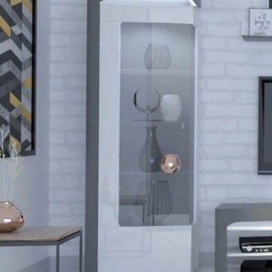 Elegant Athens Grey and White Gloss Left Display Cabinet with LED Illumination - UK Luxury Furniture