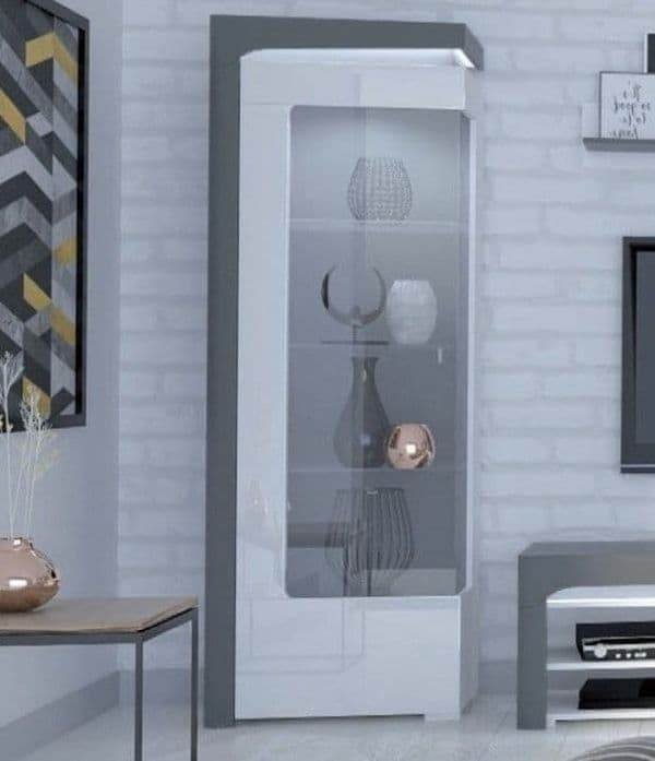 Elegant Athens Grey and White Gloss Left Display Cabinet with LED Illumination - UK Luxury Furniture