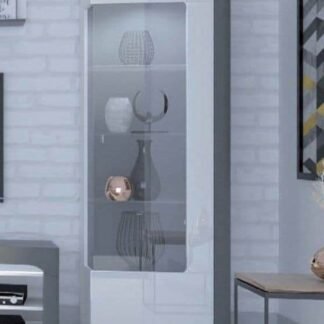 Athens Grey and White Gloss Right Display Cabinet with Glass Door and LED Lighting - UK Luxury Furniture