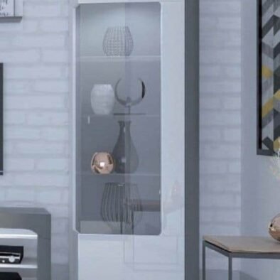 Athens Grey and White Gloss Right Display Cabinet with Glass Door and LED Lighting - UK Luxury Furniture