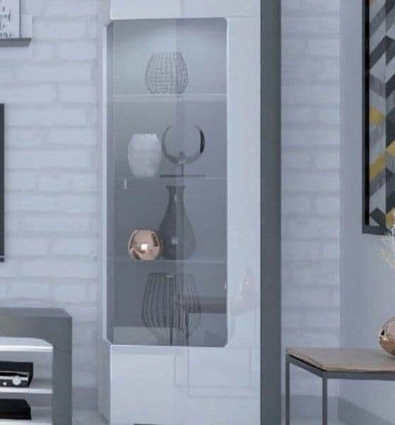 Athens Grey and White Gloss Right Display Cabinet with Glass Door and LED Lighting - UK Luxury Furniture