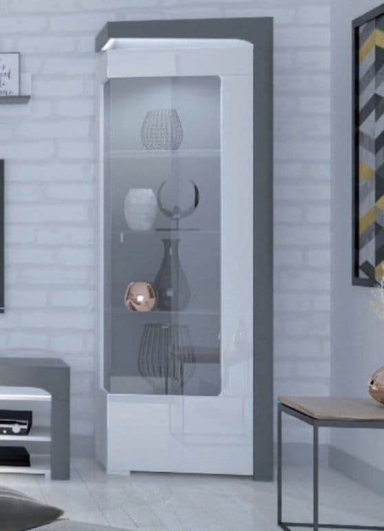 Athens Grey and White Gloss Right Display Cabinet with Glass Door and LED Lighting - UK Luxury Furniture