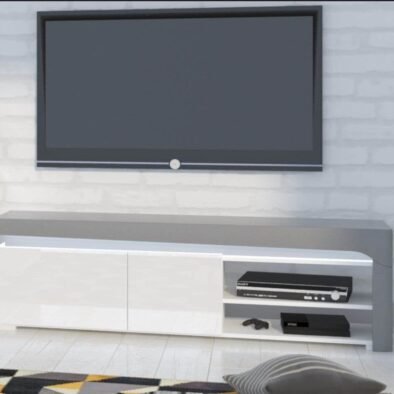 Athens Grey and White High Gloss TV Unit with Two Cupboards and Open Shelf - UK Luxury Furniture