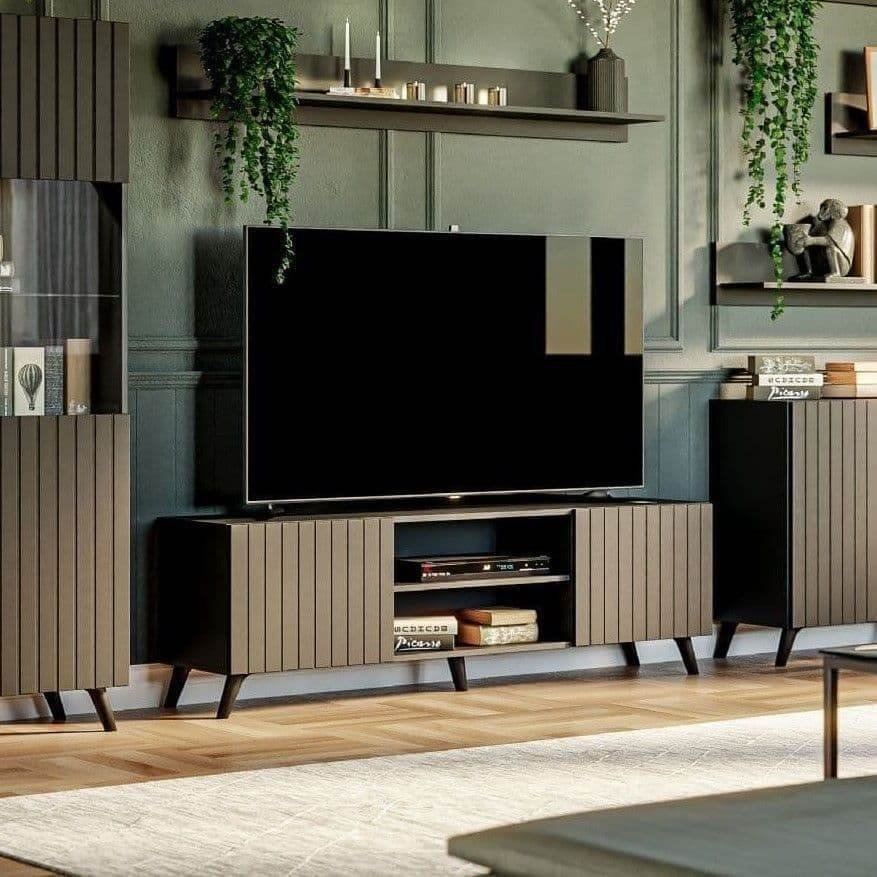 Atlantis Matte Black Large TV Cabinet: Modern Entertainment Unit with Grooved Doors - UK Luxury Furniture