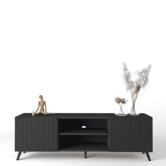Atlantis Matte Black Large TV Cabinet: Modern Entertainment Unit with Grooved Doors - UK Luxury Furniture
