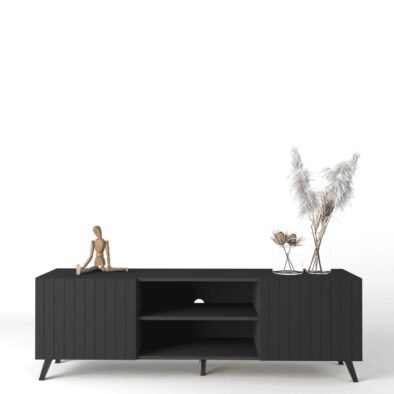 Atlantis Matte Black Large TV Cabinet: Modern Entertainment Unit with Grooved Doors - UK Luxury Furniture
