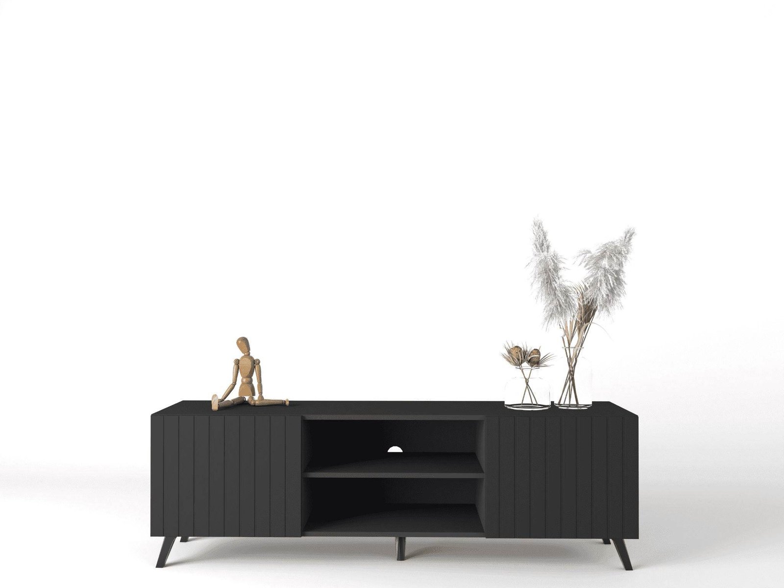 Atlantis Matte Black Large TV Cabinet: Modern Entertainment Unit with Grooved Doors - UK Luxury Furniture