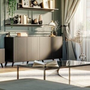 Atlantis Matte Black Wide 4-Door Sideboard with Grooved Vertical Lines, Elegant Storage - UK Luxury Furniture