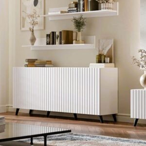 Atlantis Elegant Matte White Sideboard: Wide 4-Door Storage with Grooved Lines - UK Luxury Furniture
