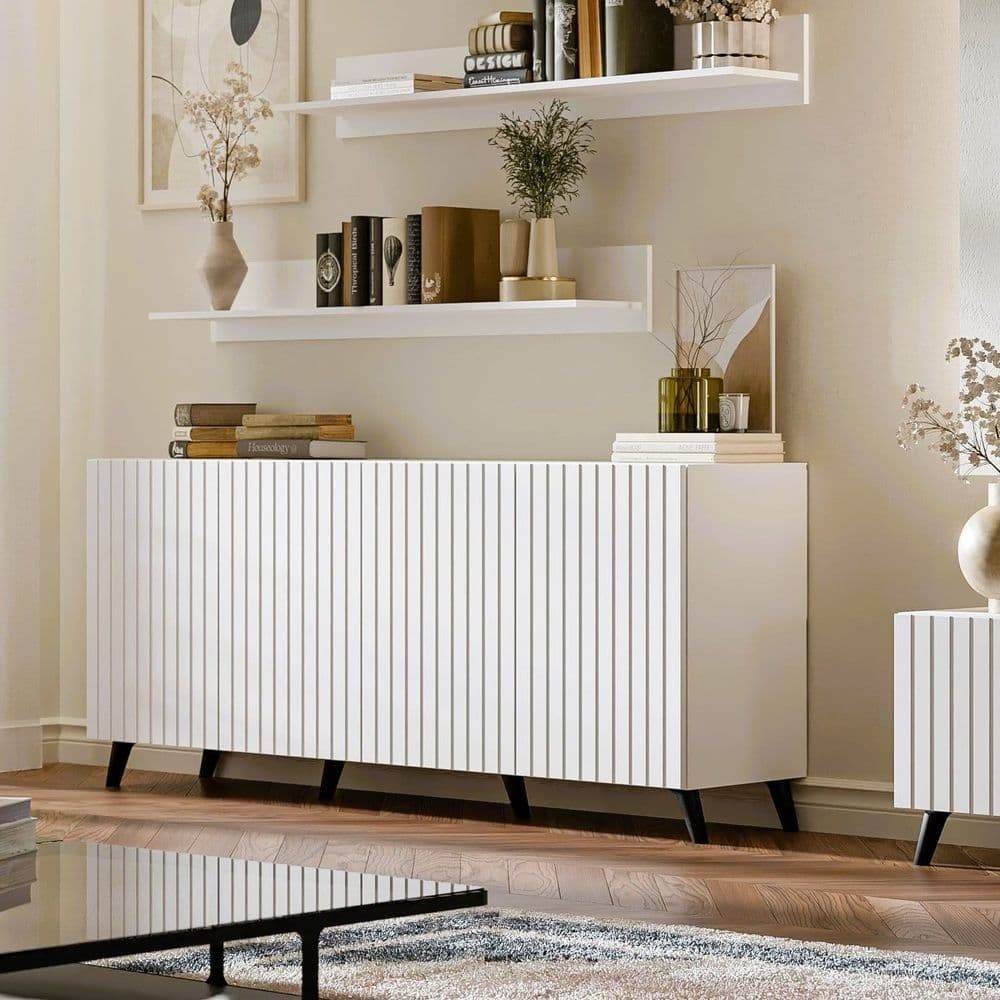 Atlantis Elegant Matte White Sideboard: Wide 4-Door Storage with Grooved Lines - UK Luxury Furniture