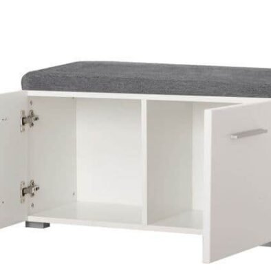 Elegant Beny White High Gloss Hallway Shoe Storage Bench with Grey Cushion Seat - UK Luxury Furniture