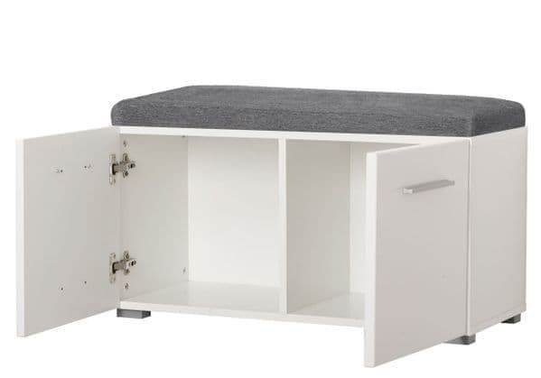 Elegant Beny White High Gloss Hallway Shoe Storage Bench with Grey Cushion Seat - UK Luxury Furniture