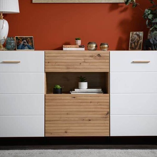 Bretanova Slatted Artisan Oak Effect and White Gloss Sideboard - Contemporary Luxury Furniture for Dining and Living Spaces - UK Luxury Furniture