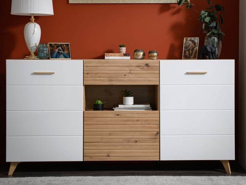 Bretanova Slatted Artisan Oak Effect and White Gloss Sideboard - Contemporary Luxury Furniture for Dining and Living Spaces - UK Luxury Furniture