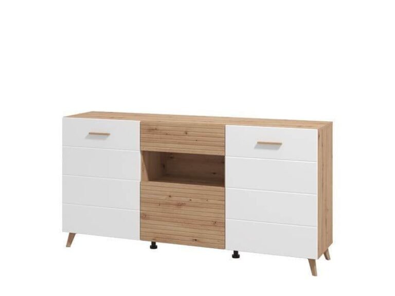 Bretanova Slatted Artisan Oak Effect and White Gloss Sideboard - Contemporary Luxury Furniture for Dining and Living Spaces - UK Luxury Furniture