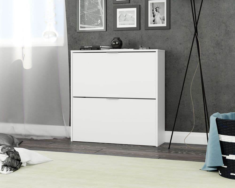 Brilo Matt White Two-Drawer Shoe Cabinet: Elegant, Space-Saving Footwear Storage Solution - UK Luxury Furniture
