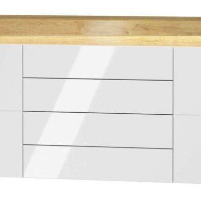 Cadillac Oak Effect and White Gloss Sideboard with LED Lighting: Two Doors, Four Drawers - UK Luxury Furniture